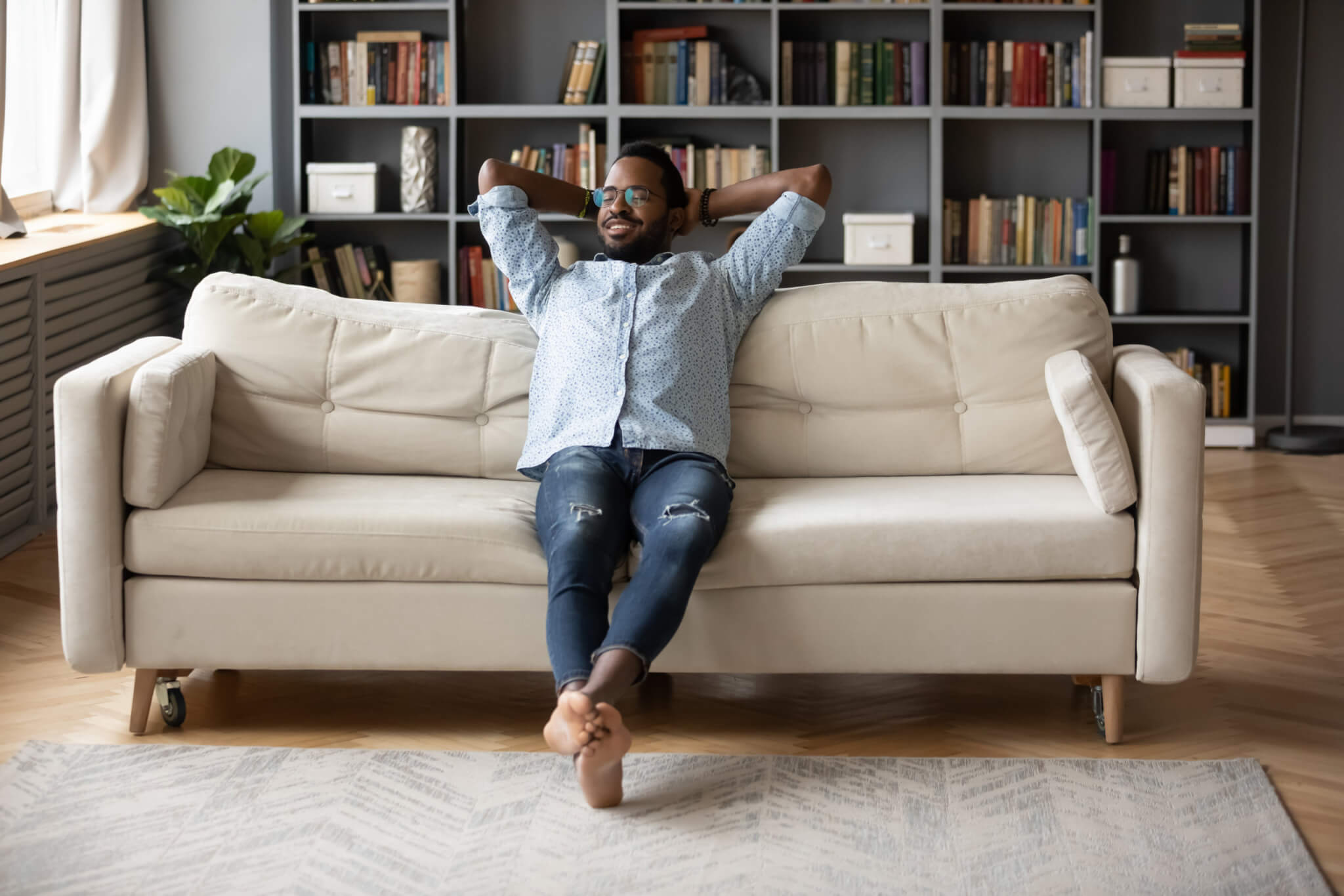 Relaxed an sitting on a couch